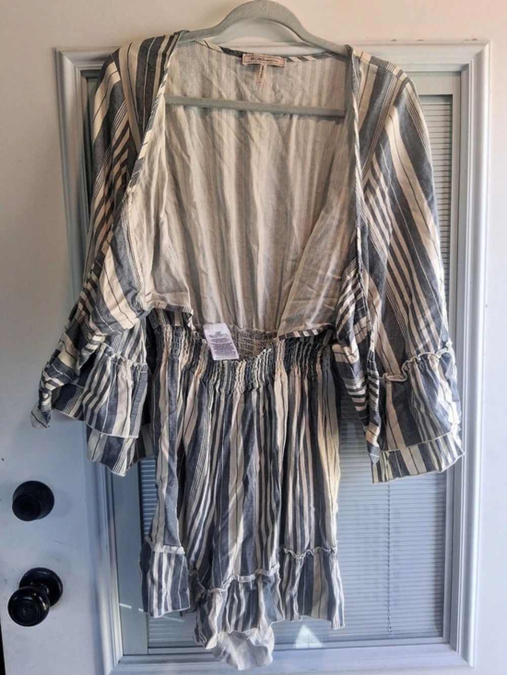 BCBG Generation Striped Ruffle Romper in Gray & White Size Medium